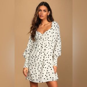 Lulus Meet Me At Our Spot White Polka Dot Long Sleeve Mini Dress